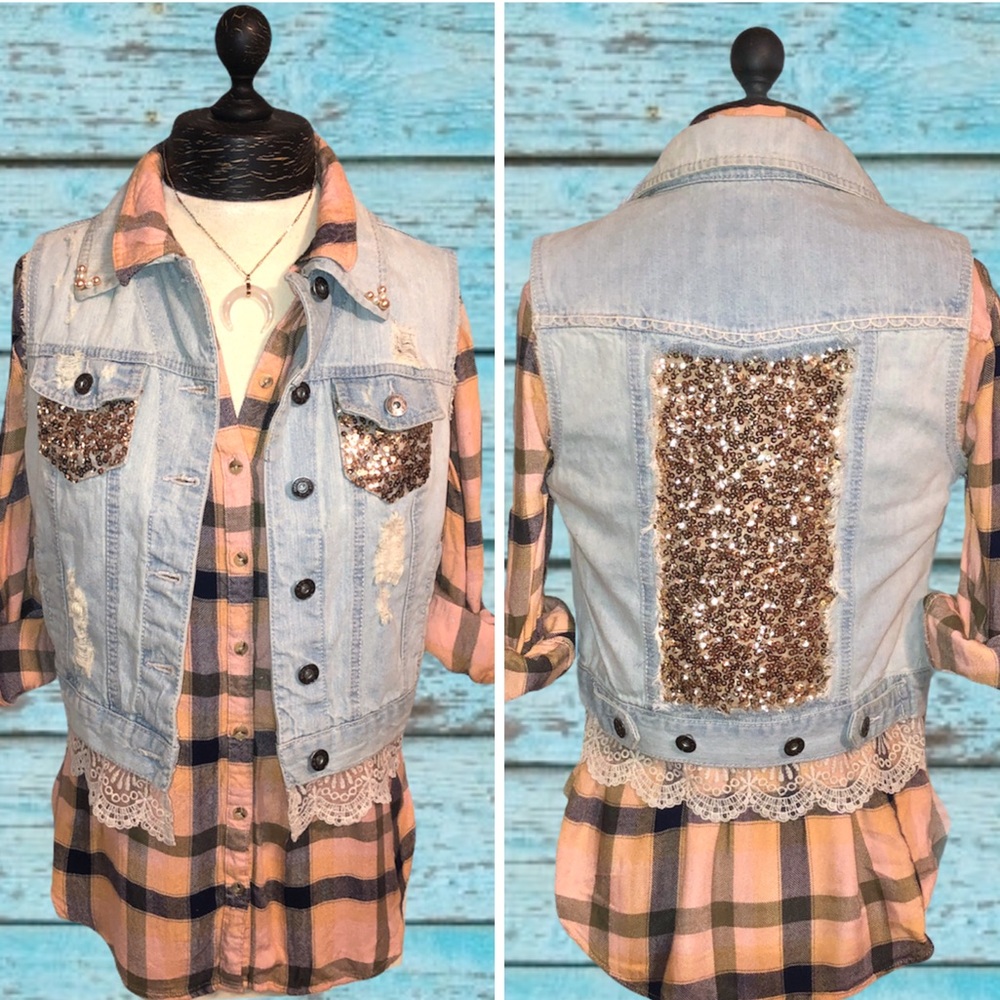 Upcycled Rose Gold Lace Light Denim Vest